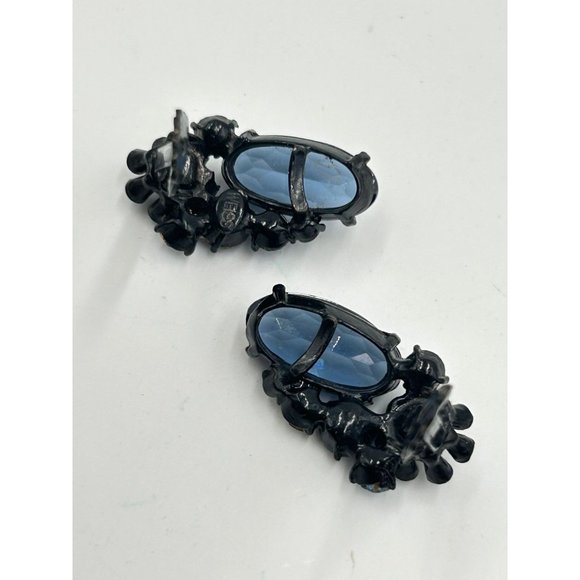 Signed WEISS Clip On Earrings Japanned Black & Blue Glass Stone Designer Jewelry - Picture 7 of 8